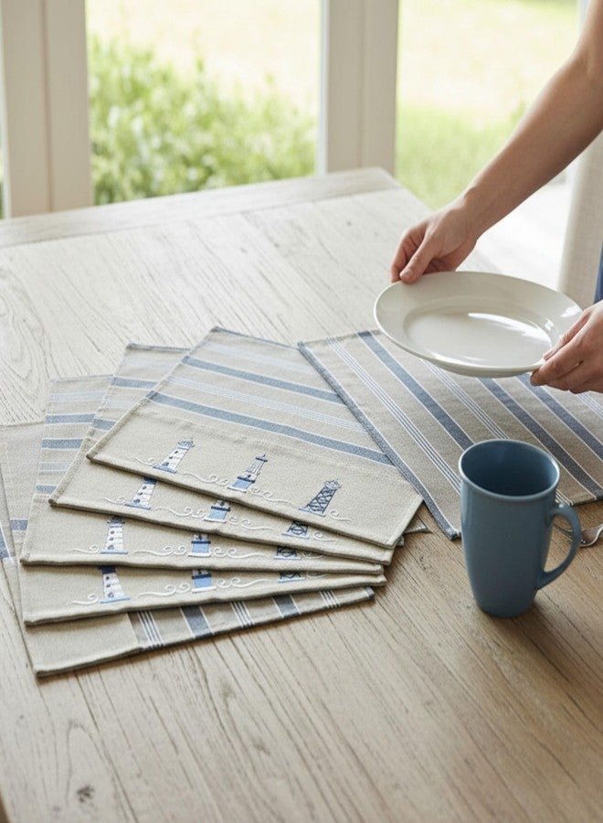 Eight Owls Nautical Placemats - Set of 4 -- Cotton Decorative Embroidered Design - Natural, Navy Blue and White (Lighthouse) - Image 2
